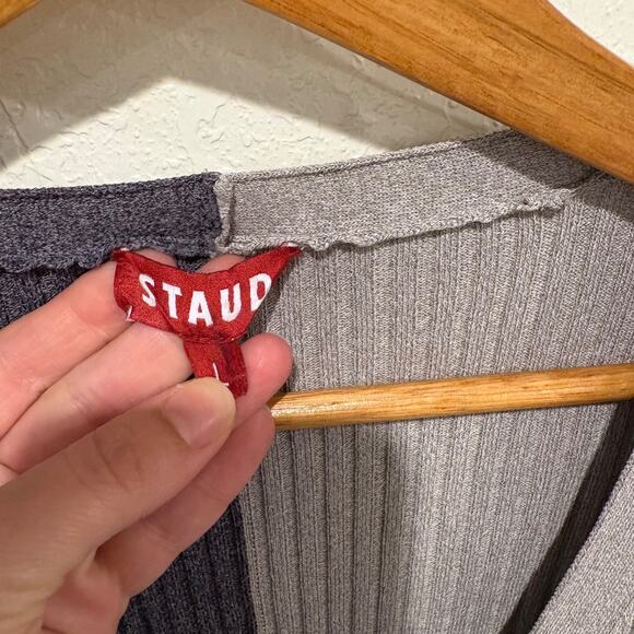 Staud Grey & Taupe Cargo Cardigan Colorblock Ribbed V-neck Sweater Large - Picture 5 of 7